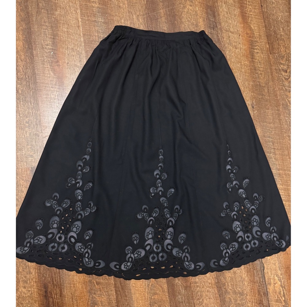 Women's Small Black Midi Skirt Floral Cutwork Eyelet Gray Boho 100% Rayon